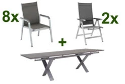 KETTLER BasicPlus Esstischgarnitur, Silber / Anthrazit, Alu / HPL / Textil, Tisch 180/280x100cm, 8 Stapelsessel, 2 Multipo