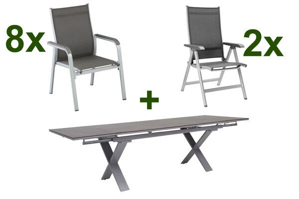 KETTLER BasicPlus Esstischgarnitur, Silber / Anthrazit, Alu / HPL / Textil, Tisch 180/280x100cm, 8 Stapelsessel, 2 Multipo 3 KETTLER BasicPlus Esstischgarnitur, Silber / Anthrazit, Alu / HPL / Textil, Tisch 180/280x100cm, 8 Stapelsessel, 2 Multipo