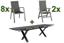 KETTLER Altura Esstischgarnitur, Anthrazit, Alu / Spraystone / Textil, Tisch 180/280x100cm, 8 Stapelsessel, 2 Multipo