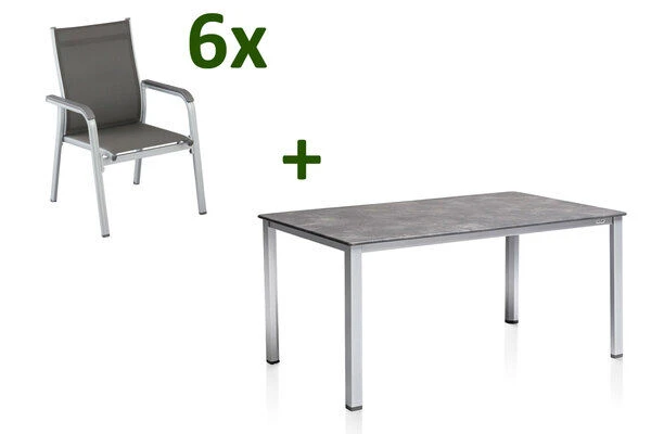 KETTLER Cubic/Basic Plus Esstischgarnitur, Silber/anthrazit, Alu/Textilene, Tisch 160x90 Cm, 6 Stapelsessel 3 KETTLER Cubic/Basic Plus Esstischgarnitur, Silber/anthrazit, Alu/Textilene, Tisch 160x90 Cm, 6 Stapelsessel