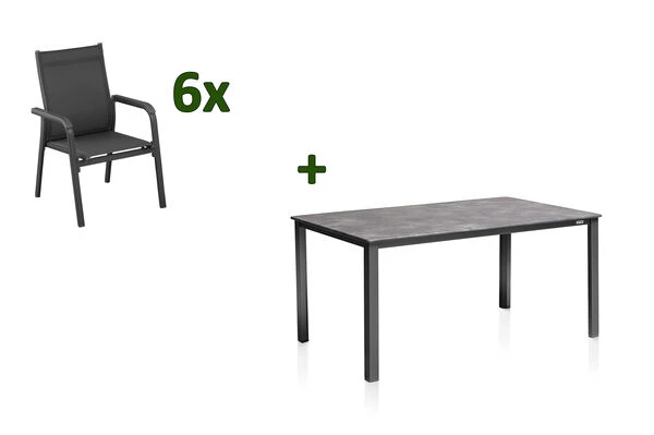 KETTLER Cubic/BasicPlus Esstischgarnitur, Anthrazit, Alu/Kettalit/Textilene, 160x90 Cm, 6 Stapelsessel 3 KETTLER Cubic/BasicPlus Esstischgarnitur, Anthrazit, Alu/Kettalit/Textilene, 160x90 Cm, 6 Stapelsessel