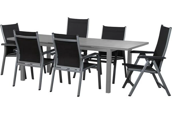 KETTLER Basic Plus Sitzgruppe, Silber/anthrazit, Alu/Textilene, 180/240x90cm, 4 Stapel-, 2 Multipositionssessel 4 KETTLER Basic Plus Sitzgruppe, Silber/anthrazit, Alu/Textilene, 180/240x90cm, 4 Stapel-, 2 Multipositionssessel – Bild 2