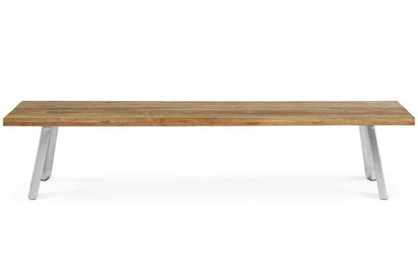 OUTFLEXX Gartenbank, Edelstahl/recyceltes FSC®-Teak, 220x40x45xm, A-Gestell, Rustikal Gebürstet 4 OUTFLEXX Gartenbank, Edelstahl/recyceltes FSC®-Teak, 220x40x45xm, A-Gestell, Rustikal Gebürstet – Bild 2