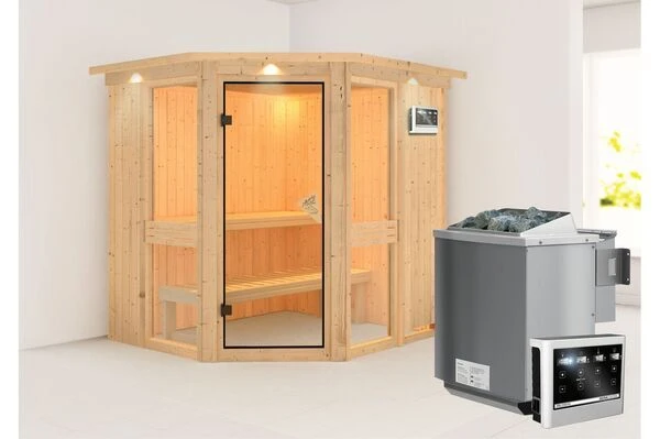 KARIBU Systemsauna Amelia 1, Fichtenholz 68mm, Eckeinstieg, Ca. 3m² 4 KARIBU Systemsauna Amelia 1, Fichtenholz 68mm, Eckeinstieg, Ca. 3m² – Bild 2
