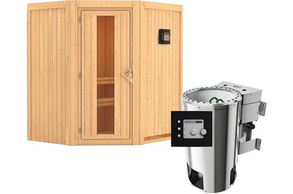 KARIBU Systemsauna Tonja, Fichtenholz 68mm, Eckeinstieg, Ca. 2,3m² 4 KARIBU Systemsauna Tonja, Fichtenholz 68mm, Eckeinstieg, Ca. 2,3m² – Bild 2