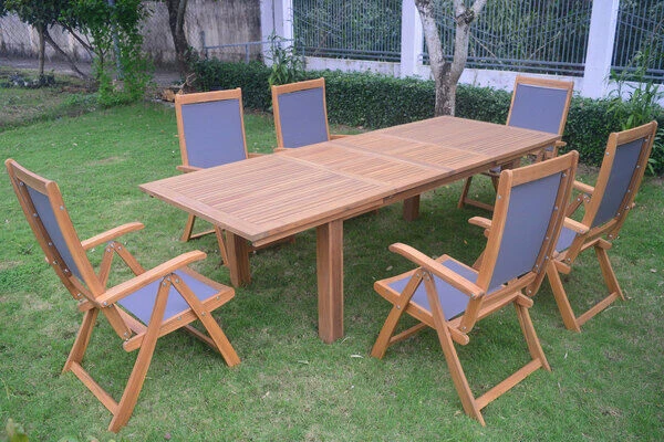 OUTFLEXX Esstischgarnitur, Natur/grau, FSC-Akazie/Textilene, Tisch 180/220/260 X 100 Cm, 6 Klappstühle, Ausziehbar 4 OUTFLEXX Esstischgarnitur, Natur/grau, FSC-Akazie/Textilene, Tisch 180/220/260 X 100 Cm, 6 Klappstühle, Ausziehbar – Bild 2