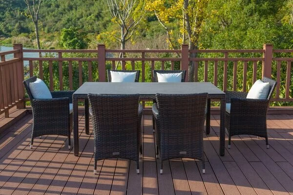 OUTFLEXX Dining Set, Braun Marmoriert, Polyrattan, Tisch 180x100cm, Spraystone, 6mm, 6 Sessel 4 OUTFLEXX Dining Set, Braun Marmoriert, Polyrattan, Tisch 180x100cm, Spraystone, 6mm, 6 Sessel – Bild 2