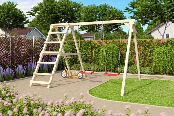 KARIBU Felix Doppelschaukel, Naturbelassen, Nordische Fichte, 308x264x213cm, Mit Klettergerüst Und Netzrampe 3 KARIBU Felix Doppelschaukel, Naturbelassen, Nordische Fichte, 308x264x213cm, Mit Klettergerüst Und Netzrampe