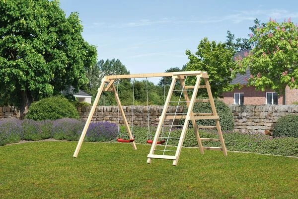 KARIBU Felix Doppelschaukel, Naturbelassen, Nordische Fichte, 308x264x213cm, Mit Klettergerüst Und Netzrampe 4 KARIBU Felix Doppelschaukel, Naturbelassen, Nordische Fichte, 308x264x213cm, Mit Klettergerüst Und Netzrampe – Bild 2