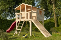 KARIBU Benjamin Stelzenhaus, Naturbelassen, Nordische Fichte, 198x244x309cm, Mit Rutsche Rot Und Holzrampe