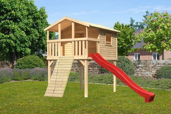 KARIBU Benjamin Stelzenhaus, Naturbelassen, Nordische Fichte, 198x244x309cm, Mit Rutsche Rot Und Holzrampe 4 KARIBU Benjamin Stelzenhaus, Naturbelassen, Nordische Fichte, 198x244x309cm, Mit Rutsche Rot Und Holzrampe – Bild 2