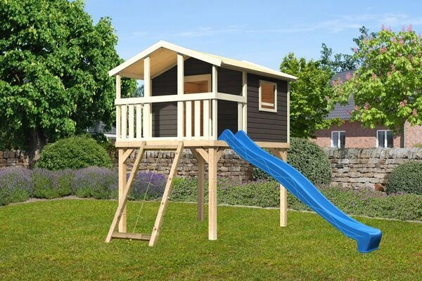 KARIBU Benjamin Stelzenhaus, Terragrau, Nordische Fichte, 198x244x309cm, Mit Rutsche Blau Und Netzrampe 3 KARIBU Benjamin Stelzenhaus, Terragrau, Nordische Fichte, 198x244x309cm, Mit Rutsche Blau Und Netzrampe