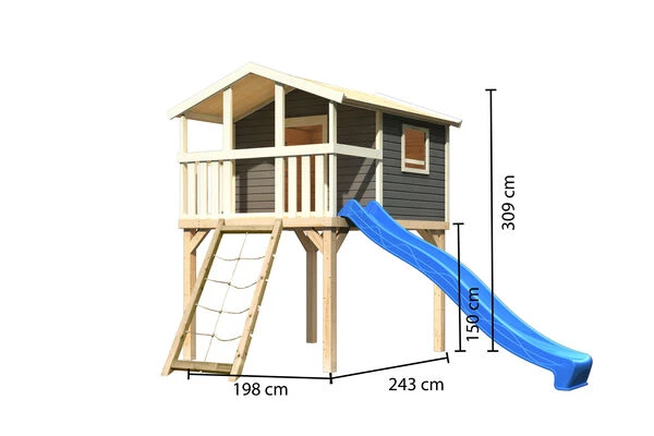 KARIBU Benjamin Stelzenhaus, Terragrau, Nordische Fichte, 198x244x309cm, Mit Rutsche Blau Und Netzrampe 7 KARIBU Benjamin Stelzenhaus, Terragrau, Nordische Fichte, 198x244x309cm, Mit Rutsche Blau Und Netzrampe – Bild 5