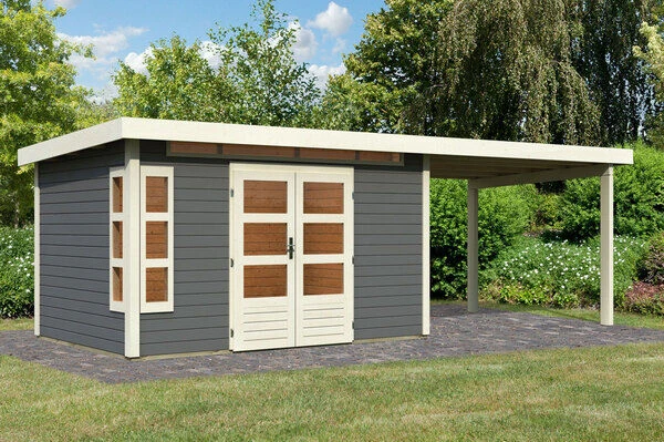 KARIBU Gartenhaus Kastorf 7, Terragrau, Fichtenholz 28mm, 702 X 244 X 222 Cm, Flachdach, Anbau 3,2m 3 KARIBU Gartenhaus Kastorf 7, Terragrau, Fichtenholz 28mm, 702 X 244 X 222 Cm, Flachdach, Anbau 3,2m