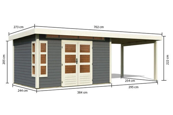KARIBU Gartenhaus Kastorf 7, Terragrau, Fichtenholz 28mm, 702 X 244 X 222 Cm, Flachdach, Anbau 3,2m 7 KARIBU Gartenhaus Kastorf 7, Terragrau, Fichtenholz 28mm, 702 X 244 X 222 Cm, Flachdach, Anbau 3,2m – Bild 5