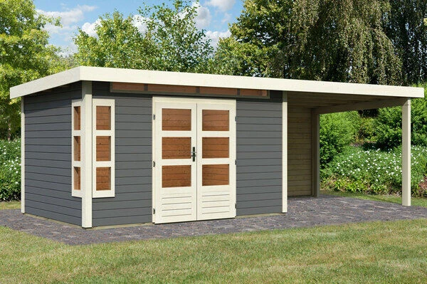 KARIBU Gartenhaus Kastorf 7, Terragrau, Fichtenholz 28mm, 702 X 244 X 222 Cm, Flachdach, Anbau 3,2m Mit Rückwand 3 KARIBU Gartenhaus Kastorf 7, Terragrau, Fichtenholz 28mm, 702 X 244 X 222 Cm, Flachdach, Anbau 3,2m Mit Rückwand