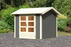KARIBU Gartenhaus Theres 3, Terragrau, Fichtenholz 28mm, 270 X 244 X 242 Cm, Satteldach, Massivholzdach