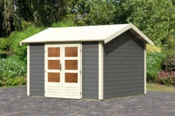 KARIBU Gartenhaus Theres 7, Terragrau, Fichtenholz 28mm, 337 X 304 X 250 Cm, Satteldach, Massivholzdach