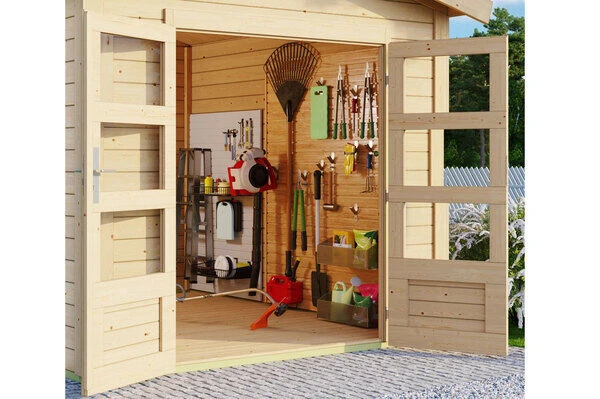 KARIBU Gartenhaus Theres 3, Naturbelassen, Fichtenholz 28mm, 528 X 240 X 242 Cm, Satteldach, Inkl. Dachausbauelement 5 KARIBU Gartenhaus Theres 3, Naturbelassen, Fichtenholz 28mm, 528 X 240 X 242 Cm, Satteldach, Inkl. Dachausbauelement – Bild 3