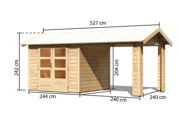 KARIBU Gartenhaus Theres 3, Naturbelassen, Fichtenholz 28mm, 528 X 240 X 242 Cm, Satteldach, Inkl. Dachausbauelement 7 KARIBU Gartenhaus Theres 3, Naturbelassen, Fichtenholz 28mm, 528 X 240 X 242 Cm, Satteldach, Inkl. Dachausbauelement – Bild 5