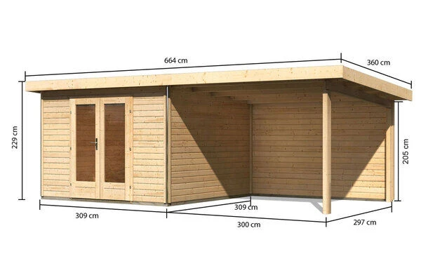 KARIBU Gartenhaus Radeburg 1, Naturbelassen, Fichtenholz 40mm, 664 X 309 X 229,5 Cm, Pultdach, Anbau 3,3m Mit Rückwand 7 KARIBU Gartenhaus Radeburg 1, Naturbelassen, Fichtenholz 40mm, 664 X 309 X 229,5 Cm, Pultdach, Anbau 3,3m Mit Rückwand – Bild 5