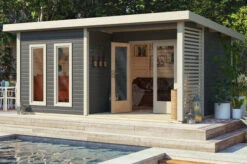 KARIBU Terrassenhaus Radeburg 5, Terragrau, Fichtenholz 38mm, 560 X 368 X 254 Cm, Flachdach