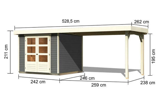 KARIBU Gartenhaus Askola 3,5, Terragrau, Fichtenholz 19mm, 491 X 246 X 211 Cm, Flachdach, Anbau 2,4m 7 KARIBU Gartenhaus Askola 3,5, Terragrau, Fichtenholz 19mm, 491 X 246 X 211 Cm, Flachdach, Anbau 2,4m – Bild 5
