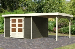 KARIBU Gartenhaus Askola 6, Terragrau, Fichtenholz 19mm, 558 X 306 X 216 Cm, Flachdach, Anbau 2,4m