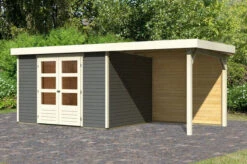 KARIBU Gartenhaus Askola 5, Terragrau, Fichtenholz 19mm, 554 X 246 X 211 Cm, Flachdach, Anbau 2,4m Mit Rückwand