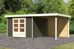 KARIBU Gartenhaus Askola 6, Terragrau, Fichtenholz 19mm, 334 X 306 X 216 Cm, Flachdach, Anbau 2,4m Mit Rückwand
