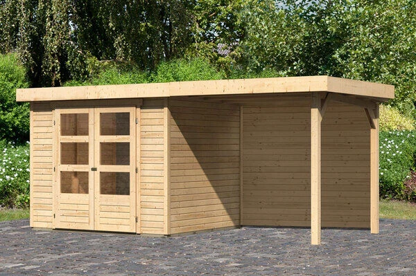 KARIBU Gartenhaus Askola 3, Naturbelassen, Fichtenholz 19mm, 491 X 217 X 211 Cm, Flachdach, Anbau 2,4m Mit Rückwand 4 KARIBU Gartenhaus Askola 3, Naturbelassen, Fichtenholz 19mm, 491 X 217 X 211 Cm, Flachdach, Anbau 2,4m Mit Rückwand – Bild 2