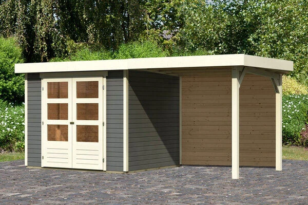 KARIBU Gartenhaus Askola 3, Terragrau, Fichtenholz 19mm, 491 X 217 X 211 Cm, Flachdach, Anbau 2,4m Mit Rückwand 4 KARIBU Gartenhaus Askola 3, Terragrau, Fichtenholz 19mm, 491 X 217 X 211 Cm, Flachdach, Anbau 2,4m Mit Rückwand – Bild 2
