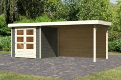 KARIBU Gartenhaus Askola 2, Terragrau, Fichtenholz 19mm, 504,5 X 217 X 211 Cm, Flachdach, Seitlicher Anbau 2,8m Mit Rückwand