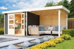 KARIBU Gartenhaus Askola 3,5, Terragrau, Fichtenholz 19mm, 528,5 X 246 X 211 Cm, Flachdach, Seitlicher Anbau 2,8m Mit Rückwand