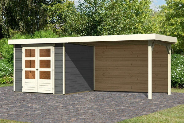 KARIBU Gartenhaus Askola 3,5, Terragrau, Fichtenholz 19mm, 528,5 X 246 X 211 Cm, Flachdach, Seitlicher Anbau 2,8m Mit Rückwand 4 KARIBU Gartenhaus Askola 3,5, Terragrau, Fichtenholz 19mm, 528,5 X 246 X 211 Cm, Flachdach, Seitlicher Anbau 2,8m Mit Rückwand – Bild 2