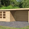 KARIBU Gartenhaus Askola 4, Naturbelassen, Fichtenholz 19mm, 591,5 X 217 X 211 Cm, Flachdach, Seitlicher Anbau 2,8m Mit Rückwand