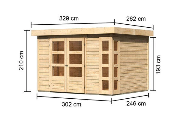 KARIBU Gartenhaus Kerko 5, Naturbelassen, Fichtenholz 19mm, 329 X 246 X 210 Cm, Flachdach, Doppelflügeltür 7 KARIBU Gartenhaus Kerko 5, Naturbelassen, Fichtenholz 19mm, 329 X 246 X 210 Cm, Flachdach, Doppelflügeltür – Bild 5
