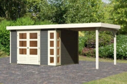 KARIBU Gartenhaus Kerko 5, Terragrau, Fichtenholz 19mm, 554 X 246 X 210 Cm, Flachdach, Anbau 2,4m