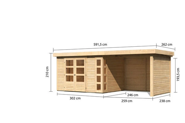 KARIBU Gartenhaus Kerko5 , Naturbelassen, Fichtenholz 19mm, 591,5 X 246 X 210 Cm, Flachdach, Anbau 2,8m Mit Rück- Und Seitenwand 7 KARIBU Gartenhaus Kerko5 , Naturbelassen, Fichtenholz 19mm, 591,5 X 246 X 210 Cm, Flachdach, Anbau 2,8m Mit Rück- Und Seitenwand – Bild 5