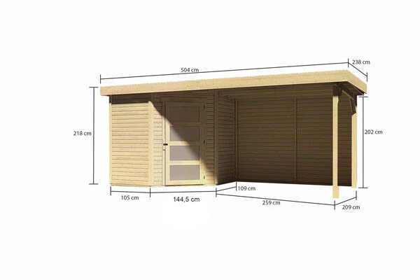 KARIBU Gartenhaus Schwandorf 3, Naturbelassen, Fichtenholz 19mm, 504,5 X 217 X 218 Cm, Flachdach, Anbau 2,8m Mit Rückwand 7 KARIBU Gartenhaus Schwandorf 3, Naturbelassen, Fichtenholz 19mm, 504,5 X 217 X 218 Cm, Flachdach, Anbau 2,8m Mit Rückwand – Bild 5