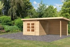KARIBU Gartenhaus Kandern 6, Naturbelassen, Fichtenholz 28mm, 612 X 274 X 222 Cm, Pultdach, Anbau 3,2m Mit Rückwand