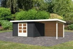 KARIBU Gartenhaus Bastrup 7 , Anthrazit, Fichtenholz 28mm, 674 X 297 X 222 Cm, Pultdach, Anbau 3m Mit Rückwand