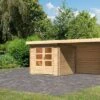 KARIBU Gartenhaus Bastrup2 , Naturbelassen, Fichtenholz 28mm, 554 X 237 X 220 Cm, Pultdach, Anbau 3m Mit Rückwand