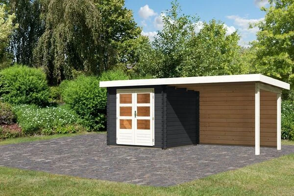 KARIBU Gartenhaus Bastrup2 , Anthrazit, Fichtenholz 28mm, 554 X 237 X 220 Cm, Pultdach, Anbau 3m Mit Rückwand 3 KARIBU Gartenhaus Bastrup2 , Anthrazit, Fichtenholz 28mm, 554 X 237 X 220 Cm, Pultdach, Anbau 3m Mit Rückwand