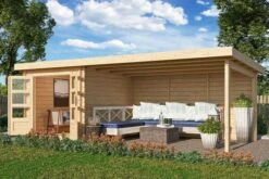 KARIBU Gartenhaus Bastrup 4, Naturbelassen, Fichtenholz 28mm, 654,5 X 297 X 222 Cm, Pultdach, Anbau 4m Mit Rückwand