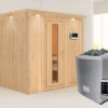 KARIBU Sodin Sauna , Naturbelassen, Fichte, 210x184x202 Cm, Fronteinstieg, Energiespartür U. Kranz,Ofen 4,5 KW Ext. Strg. Easy