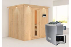 KARIBU Sodin Sauna , Naturbelassen, Fichte, 210x184x202 Cm, Fronteinstieg, Energiespartür U. Kranz,Ofen 4,5 KW Ext. Strg. Easy