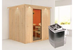 KARIBU Sodin Sauna , Naturbelassen, Fichte, 210x184x202 Cm, Fronteinstieg, Bronzierte Tür U. Kranz, Ofen 4,5 KW Integr. Str.