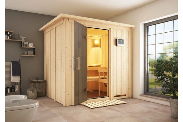 KARIBU Sodin Sauna , Naturbelassen, Fichte, 210x184x202 Cm, Fronteinstieg, Graphitfarbene Tür U.Kranz, Ofen 4,5 KW Bio Ext. Strg. 3 KARIBU Sodin Sauna , Naturbelassen, Fichte, 210x184x202 Cm, Fronteinstieg, Graphitfarbene Tür U.Kranz, Ofen 4,5 KW Bio Ext. Strg.