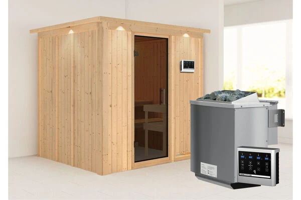 KARIBU Sodin Sauna , Naturbelassen, Fichte, 210x184x202 Cm, Fronteinstieg, Graphitfarbene Tür U.Kranz, Ofen 4,5 KW Bio Ext. Strg. 4 KARIBU Sodin Sauna , Naturbelassen, Fichte, 210x184x202 Cm, Fronteinstieg, Graphitfarbene Tür U.Kranz, Ofen 4,5 KW Bio Ext. Strg. – Bild 2